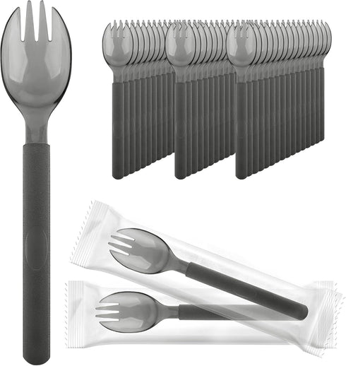 EUSOAR Disposable Sporks, 50pcs 6.8"x1.3" Plastic Sporks, Heavy Duty Heavyweight Plastic Cutlery Individually Wrapped Fork Spoon for Party Bulk We...