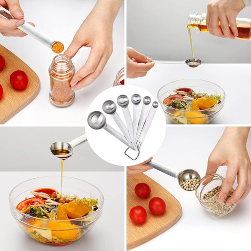 Upgrade Stainless Steel Measuring Spoons Set, Small Tablespoon, Teaspoons, Set 6 with Bonus Leveler, Etched Markings and Removable Clasp for Dry a...