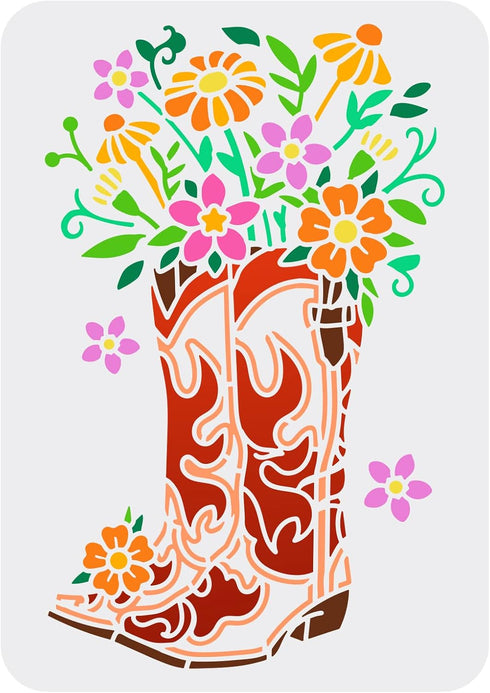 FINGERINSPIRE Cowboy Boots and Flower Painting Stencil 8.3x11.7inch Reusable Western Theme Drawing Template PET Plastic Hollow Out Stencils for Pa...