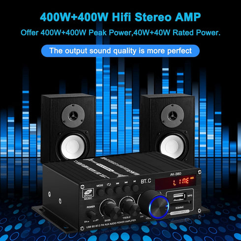 Bluetooth 5.0 Audio Power Amplifier AK-380 400W+400W 2.0 CH HiFi Stereo Amp Receiver with USB,SD,AUX,Remote Control,FM Antenna for Car Home Speake...