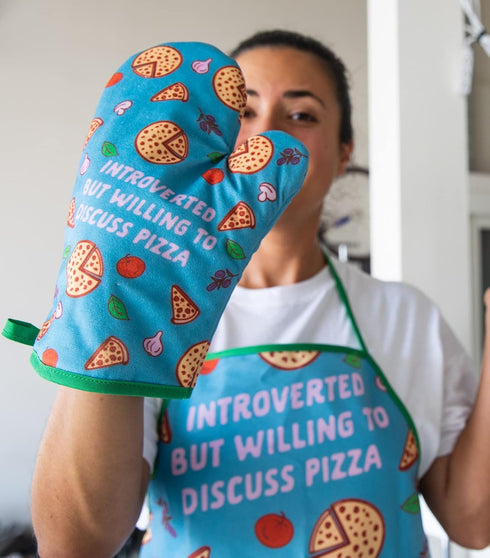 Introverted But Willing to Discuss Pizza Funny Baking Cooking Graphic Kitchen Accessories Funny Graphic Kitchenwear Cool Food Novelty Cookware Blu...