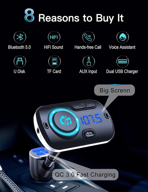 Arsvita Upgraded Bluetooth FM Transmitter for Car, Radio Receiver/Audio Adapter with Gooseneck Dual Car Charger, Support QC3.0 Quick Charging, Han...