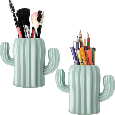 2 Pieces Cactus Pen Holder Cactus Pen Pencil Container Desktop Supplies Pen Cups Cosmetic Makeup Brush Holder for Student Multifunction Storage Bo...