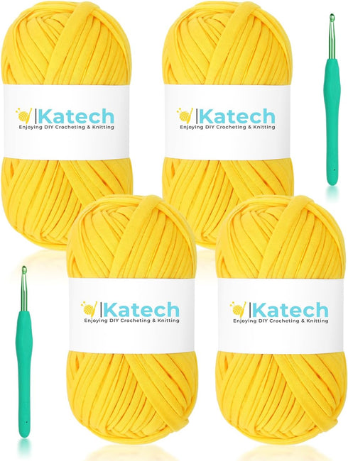 Katech 4 Pack 100g T Shirt Yarn Kit, Fabric Yarn for DIY Hand Knitting, 130 yds Spaghetti Yarn Yellow Crochet Cloth Yarn for Crocheting Bag & Bask...