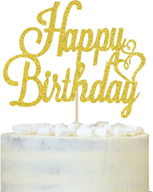 Happy Birthday Cake Topper Gold Glitter Happy Birthday Cake Pick for Celebrating Birth day Anniversary Party Decorations Supplies for Women Men Bo...