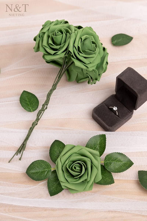 N&T NIETING Roses Artificial Flowers, 25pcs Artificial Flowers Foam Flowers with Stems for DIY Cake Decoration Wedding Party Home Decoration, Army...