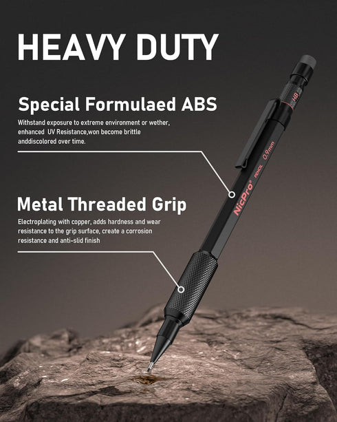 Nicpro 0.9 Metal Mechanical Pencil Set with Case, 3PCS Hevey Duty MP2000 Lead Pencil With 6 Tube HB Lead Refills 0.9mm, Erasers, Weatherproof Barr...