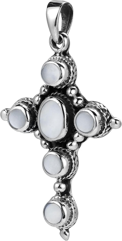 AeraVida Refined Classy White Mother of Pearl Inlay Circle of Faith Cross Unisex .925 Sterling Silver Pendant...