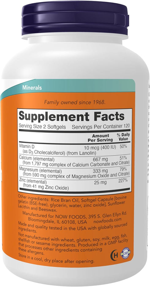 NOW Supplements, Calcium & Magnesium with Vitamin D-3 and Zinc, Supports Bone Health*, 120 Softgels...