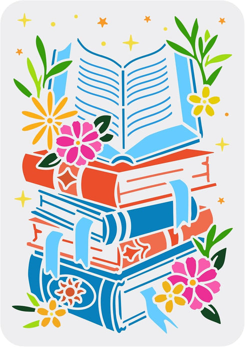 FINGERINSPIRE Book Stencil for Painting 8.3x11.7inch Piled Books Painting Template Reusable Book & Flower Pattern Painting Stencil Hollow Out Sten...