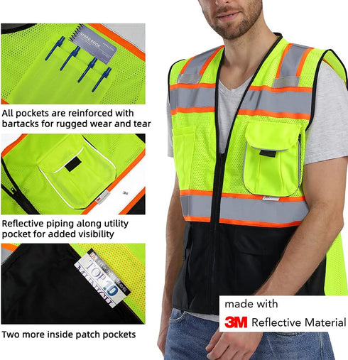 Vest Reflective with Pockets and Zipper, High Visibility Mesh ANSI Class 2, Made with 3M Reflective Tape, Yellow and Black Large...