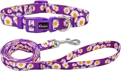 Dog Collar and Leash Set, Cute Daisy Pattern, Polyester Material, 5ft Leash, for Small Dogs.(Small,Purple Daisy)...