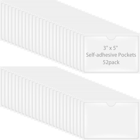 Antner 52 Pack Self-Adhesive Index Card Pockets for 3" x 5" Card, Clear Plastic Labels Holders Top Open for Loading Card Holder for Storage Bins, ...