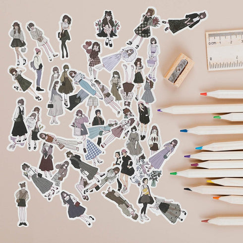 50pcs Fashion Japanese Uniform Cute Girls Stickers for Journaling Supplies?Hand Drawn Oil Painting Illustration Sticker for Bullet Journaling Supp...