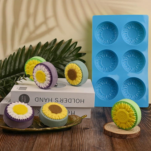 Actvty Round Sunflower Soap Molds, 2 Pack 6 Cavity Cylinder Daisy Flower Silicone Molds for Making Hot Chocolate Bomb, Cake, Jelly, Soap, Lotion B...