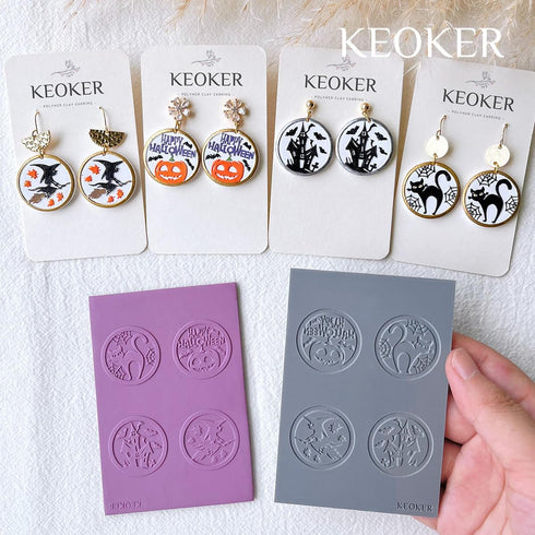 Keoker Polymer Clay Texture Sheets Halloween, Halloween Clay Texture Mat for Making Earrings Jewerly, Halloween Polymer Clay Earrings Tools (No. 4...