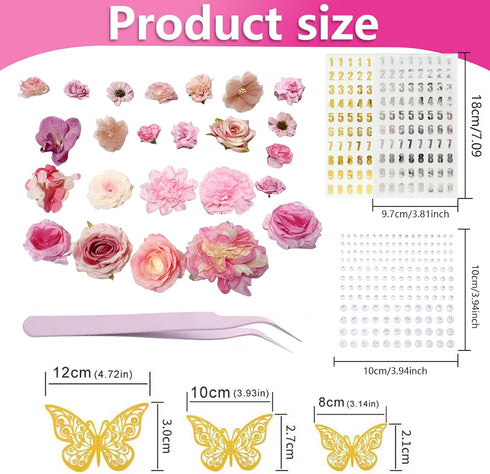 44 Pieces Graduation Cap Decorating Kit, Assorted Artificial Flowers, Rhinestones, Alphabet and Number Stickers and Butterflies for DIY Grad Cap T...