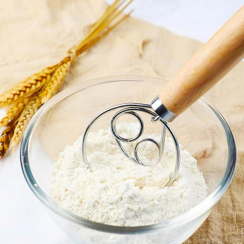 2-Pack Danish Dough Whisk, Dough Whisk/Bread Whisk Sourdough Bread Baking Supplies for Cake Bread Pizza Pastry Biscuits, Wooden Hand Stainless Ste...