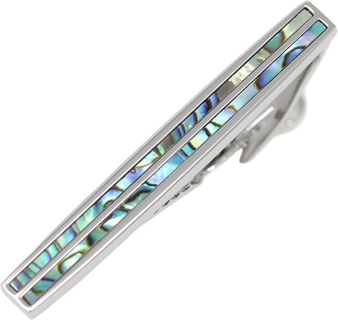 Classic Rhodium Plated Two Line Abalone Tie Clip With Box Abalone Stripe Tie Bar...