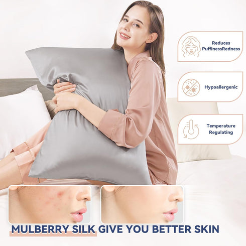 100% Mulberry Silk Pillow Cases Silk Pillowcase for Hair and Skin Both Side Real Silk Pillowcases Hidden Zipper 21 Momme Silk Pillow Covers(Grey, ...