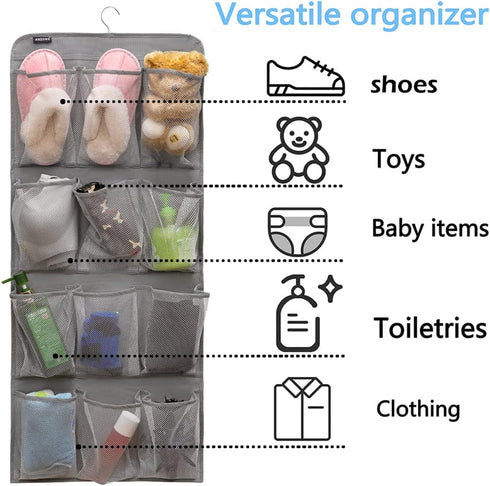 Dual Sided Hanging Shoe Organizer for Closet with Rotating Hanger Hanging Shoe Rack Holder with 24 Large Pockets (Grey-Mesh Pockets)...