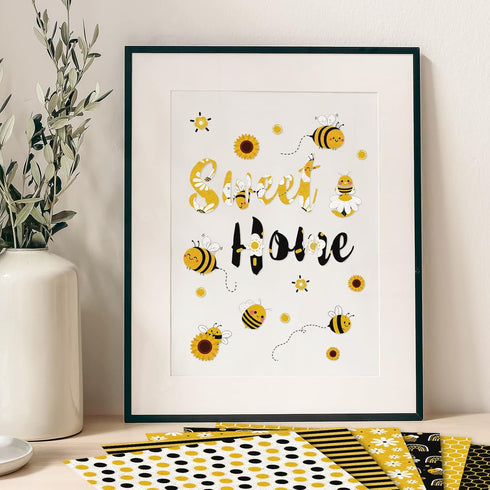 Whaline 12 Design Bee Pattern Paper Pack 24Pcs Yellow Black Honeycomb Scrapbook Paper Double-Sided Collection Decorative Craft Paper for Card Maki...