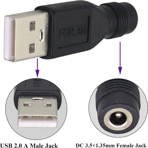 (2 Pack) USB to DC 3.5×1.35mm Power Adapter 5 Volt USB 2.0 A Male to DC 3.5×1.35 mm Female Jack DC 5V Barrel Power Plug Charger Cord Connector for...