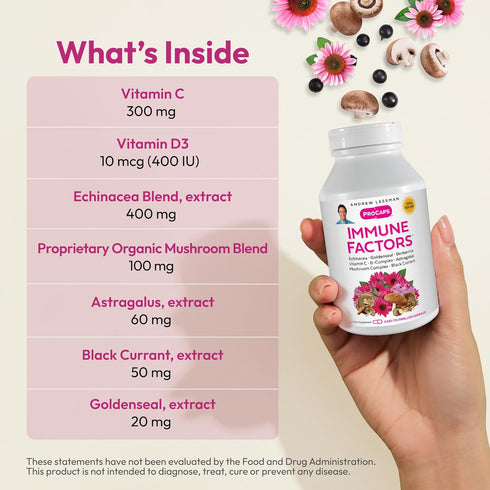 ANDREW LESSMAN Immune Factors 60 Capsules - Echinacea, Goldenseal, Vitamin C, Astragalus, Berberine, Mushroom Blend, Black Currant. Supports and P...