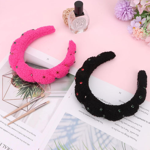 Wecoe 2pcs Rhinestone Skincare Headbands For Washing Face Hot Pink Black Fluffy Spa Headbands Makeup Headband Face Wash Puffy Sponge Bubble Headba...