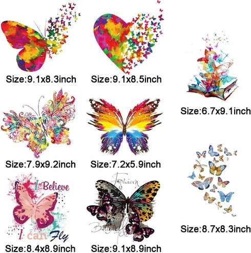 8 Large Sheets Colorful Butterfly Iron on Stickers Patches Cute Flying Animal Heat Transfer Stickers Decals DIY T-Shirt Jeans Backpacks Families C...