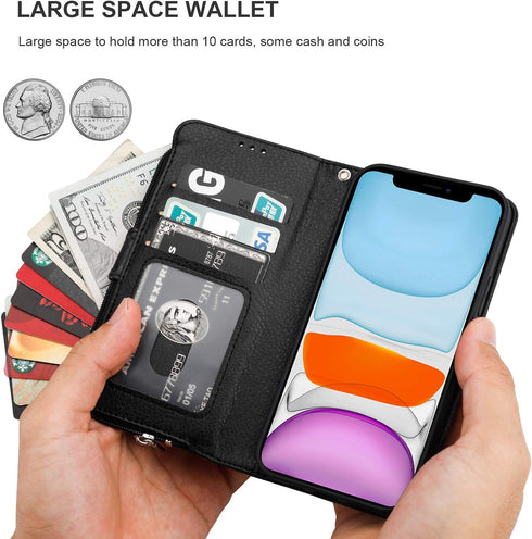 KIHUWEY Compatible with iPhone 12 Compatible with iPhone 12 Pro Wallet Case Leather Zipper with Card Holder and Wrist Strap,Kickstand and Protecti...