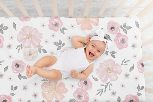 Sweet Jojo Designs Fitted Baby Crib Sheets (Pink/Grey Boho Floral) for Girls, Infant Nursery, Toddler Room - Standard Size (Blush, Rose, Gray, Flo...