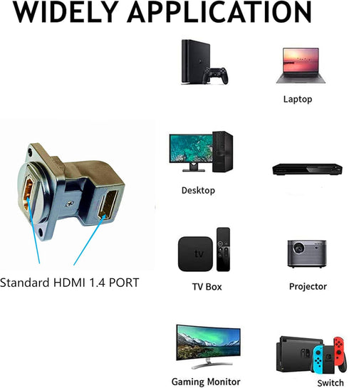 HDMI Right Angle D Type Panel Mount Adapter Connector Extender Socket Series D-Type HDMI Coupler Female to Female Glod Plated Connector with Screw...