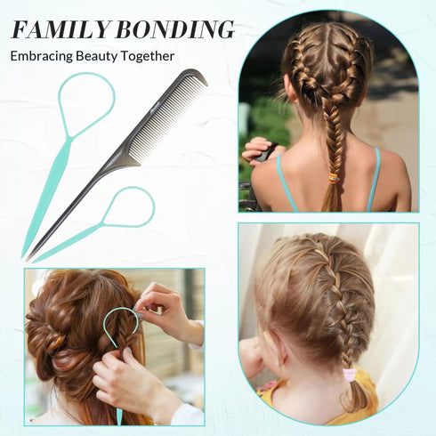 Hair Loop Tool Set,Topsy Tail Hair Tools with 1Pcs Rat Tail Comb 2Pcs Pink French Braid Tool Loop for Hair Styling (Tiffany blue B)...
