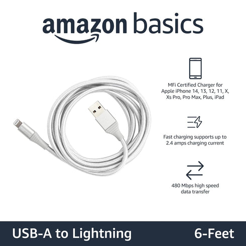 Amazon Basics USB-A to Lightning Charger Cable, Nylon Braided Cord, MFi Certified Charger for Apple iPhone 14 13 12 11 X Xs Pro, Pro Max, Plus, iP...