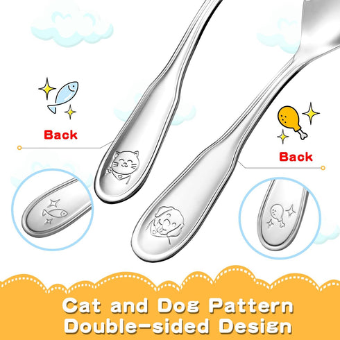Toddler-Utensils-Kids-Silverware-Set, 8 PCS 18/10 Stainless Steel Toddler Forks and Spoons, Round Edges Children Cutlery Set with Dog & Cat Patter...