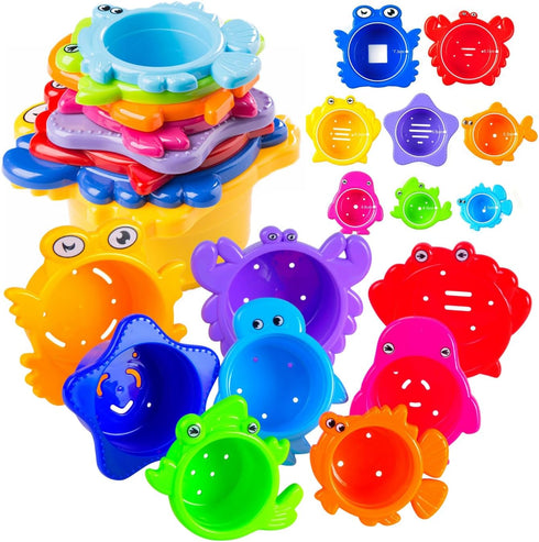 Baby Bath Toy - Beach Stacking Cups for Boys and Girls - Bath Tub Toys for Toddlers and Kids - 8 pcs...