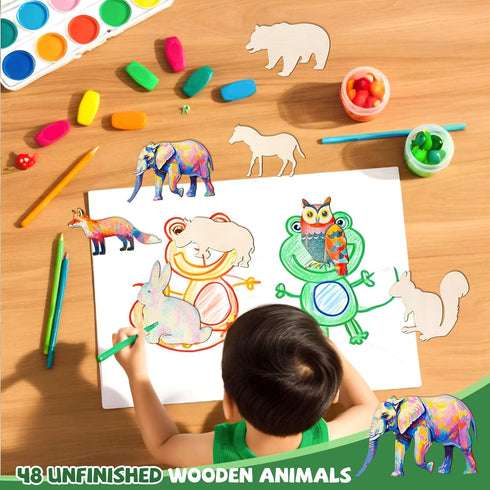 48 Pack Unfinished Wooden Woodland Forest Animal Life Cutouts,Bear,Fox,Elephant,Rabbit,Squirrel,Horse,Rhinoceros,Owl Shapes Model for Home Decor O...