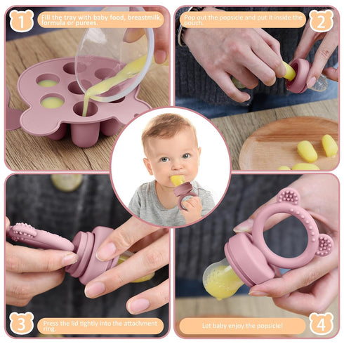 Silicone Baby Fruit Feeder Set with Mini Freedzer Nibble Tray, Breastmilk Popsicle Mold with Baby Bib and Pacifier Clip, BPA Free Teether for Safe...