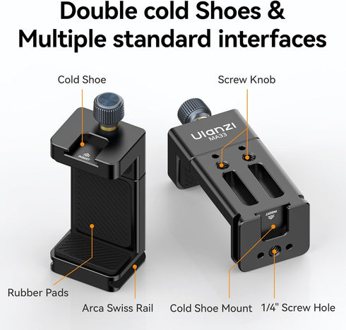 ULANZI MA33 Metal Phone Tripod Mount Arca Port w 2 Cold Shoes, Adjustable Smartphone Tripod Adapter Clamp Cell Phone Stand Holder Fit for iPhone 1...