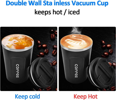 12 oz Stainless Steel Vacuum Insulated Tumbler - Coffee Travel Mug Spill Proof with Lid - Thermos Cup for Keep Hot/Ice Coffee,Tea and Beer (Black)...