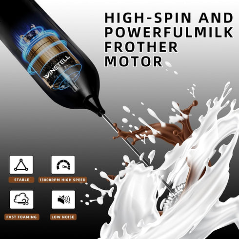 Rechargeable Handheld Electric Milk Frother with USB C Charging Stand for Lattes- Powerful Whisk Drink Frother Wand for Coffee, Hot Chocolate, Cap...