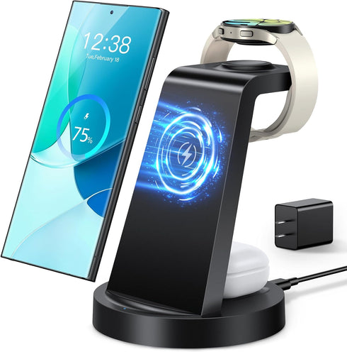 Wireless Charger for Samsung: 3 in 1 Wireless Charging Station for Samsung Galaxy Watch 7 6 5 4 3 Pro Classic Galaxy Buds - Charger Dock Stand for...