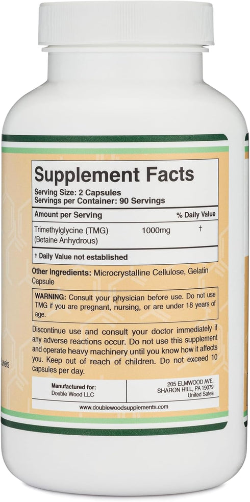 Double Wood Supplements TMG Trimethylglycine Supplement 1,000mg Per Serving, 180 Capsules (TMG Supplements for Homocysteine Control) Genuine TMG w...