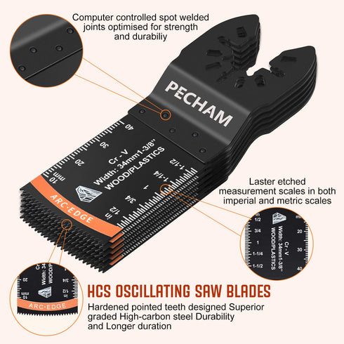 PECHAM 22PCS Curved Oscillating Tool Blades, Professional Universal Titanium Arc Edge Oscillating Multitool Blades for Wood Plastics Metal Hard Ma...