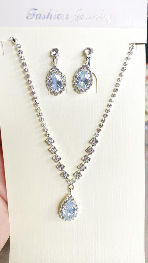 CIEHER Silver 2/3 Pieces Women Jewelry Set - Drop Necklace + Crystal Teardrop Dangle Earring Clips, Crystal Clip On Earrings Silver Non Pierced fo...