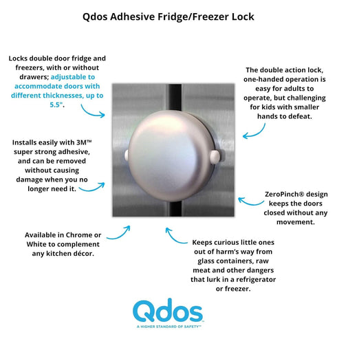 Qdos Safety Adhesive Fridge/Freezer Lock | Chrome | Easy One Handed Operation - Patented ZeroPinch Design - Unique Modern Design Refrigerator Lock...