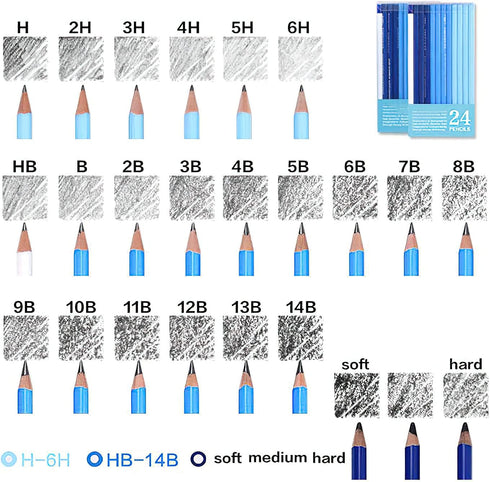 24 Drawing Pencils Set, Art Sketching Pencils Charcoal Set 14B,12B,11B,10B,9B,8B,7B,6B,5B,4B,3B,2B,B,HB,H,2H,3H,4H,5H,6H,& Soft Neutral Hard Charc...