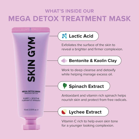 SKIN GYM Mega Detox Face Mask Skin Care - With Lactic Acid, Bentonite & Kaolin Clay and Spinach & Lychium Extract - Purifying and Soothing Face Tr...
