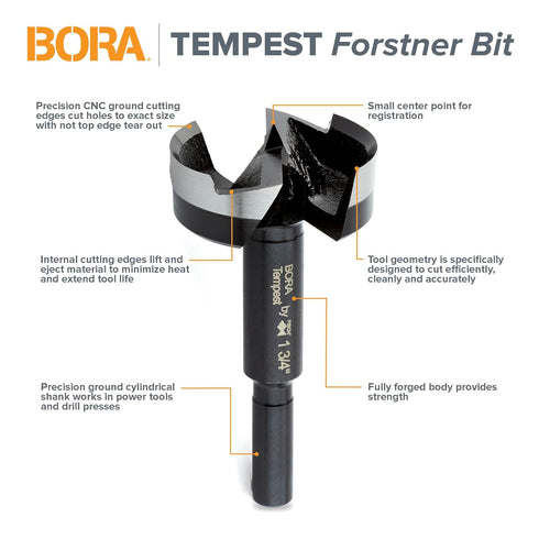 BORA BFB-009713 5/8" Dia Tempest Forstner Bit 3-1/2" OAL, Round 5/16" Shank for Wood Drilling Ideal for Cabinet Making and Fine Woodworking Projec...